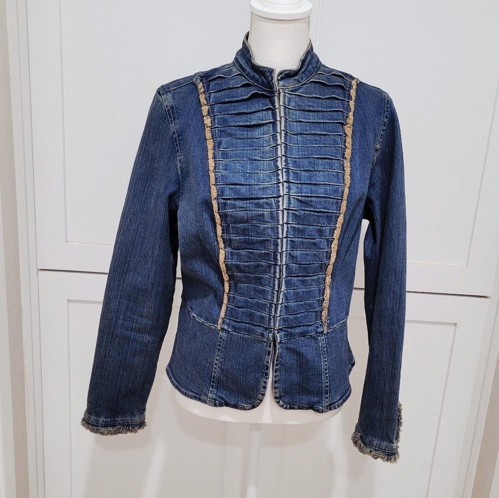 Y2K Women's Denim Military Style Jacket with Tan Accents | Size Large